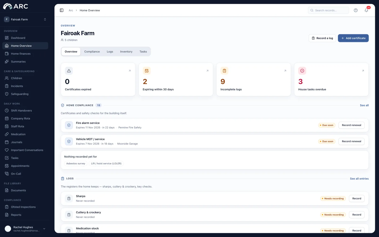 Home logs and the home overview in ARC